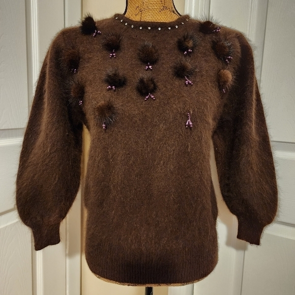 Vintage HF Genuine Fur Detailed Beaded Sweater Brown Soft Unique Balloon Sleeves - Picture 1 of 10